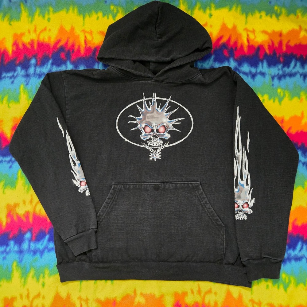 Hard Jewelry Chrome Skull Flame Graphic Hoodie Black Mens XL Y2K Streetwear
